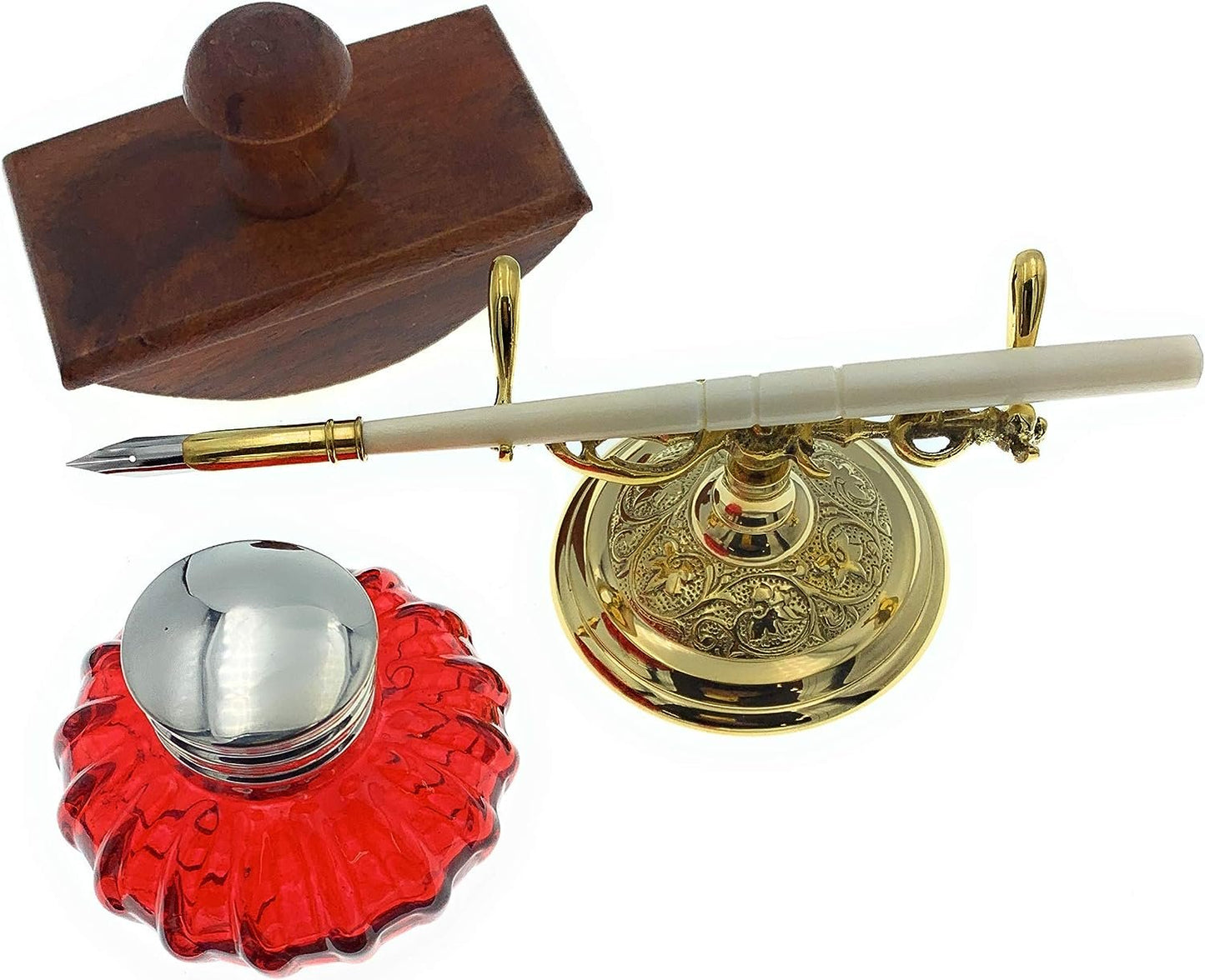 Madison Bay Company Desktop Writers Bundle - 1 Ornate Brass Pen Holder - 1 Bone Dip Pen - 1 Red Inkwell - 1 Wooden Ink Blotter