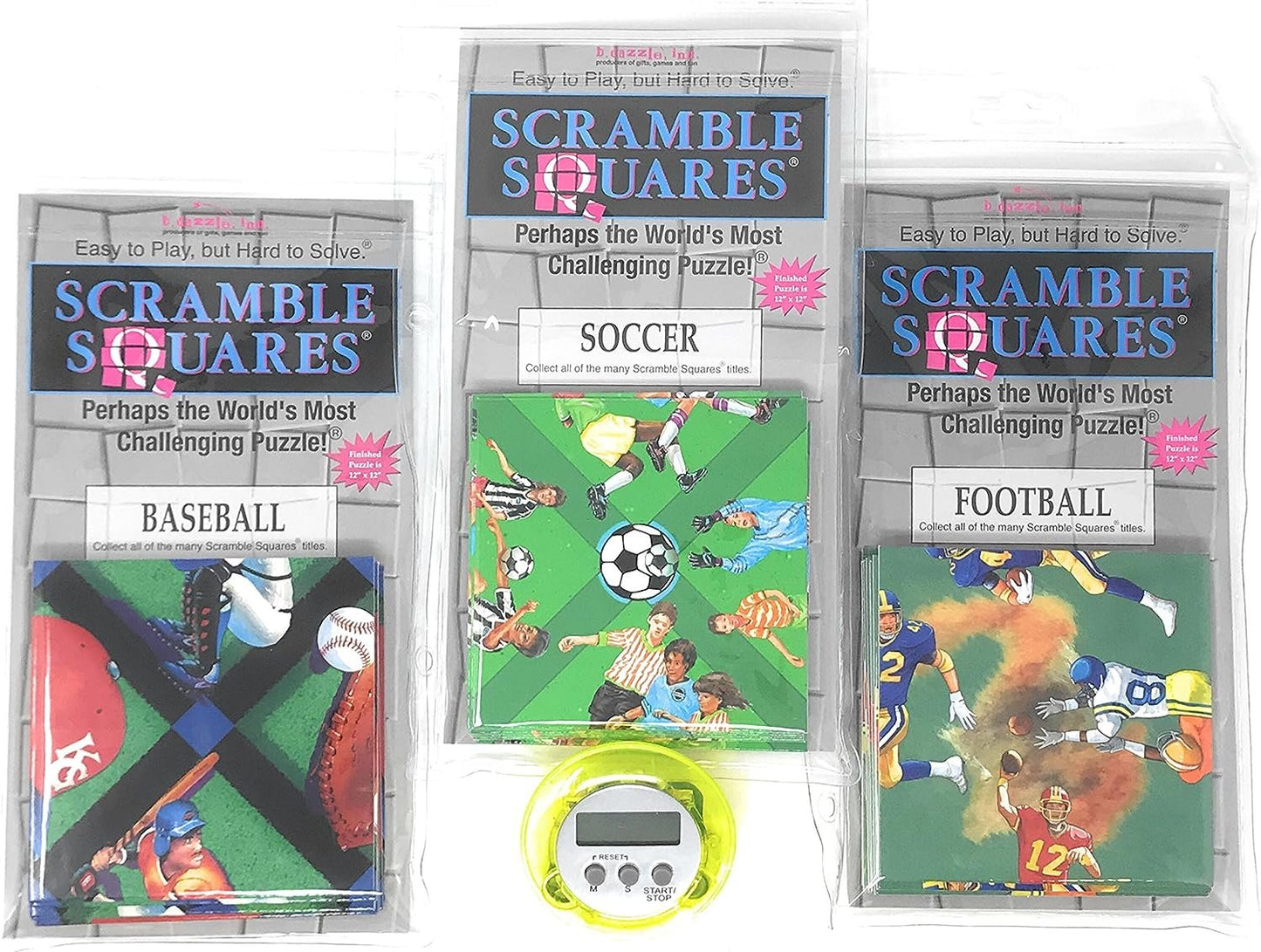Bundle of Scramble Squares B Dazzle Sports Puzzles for Adults/Teens/Kids - 3 Puzzles Included - Baseball, Football and Soccer with A Bonus Digital Timer