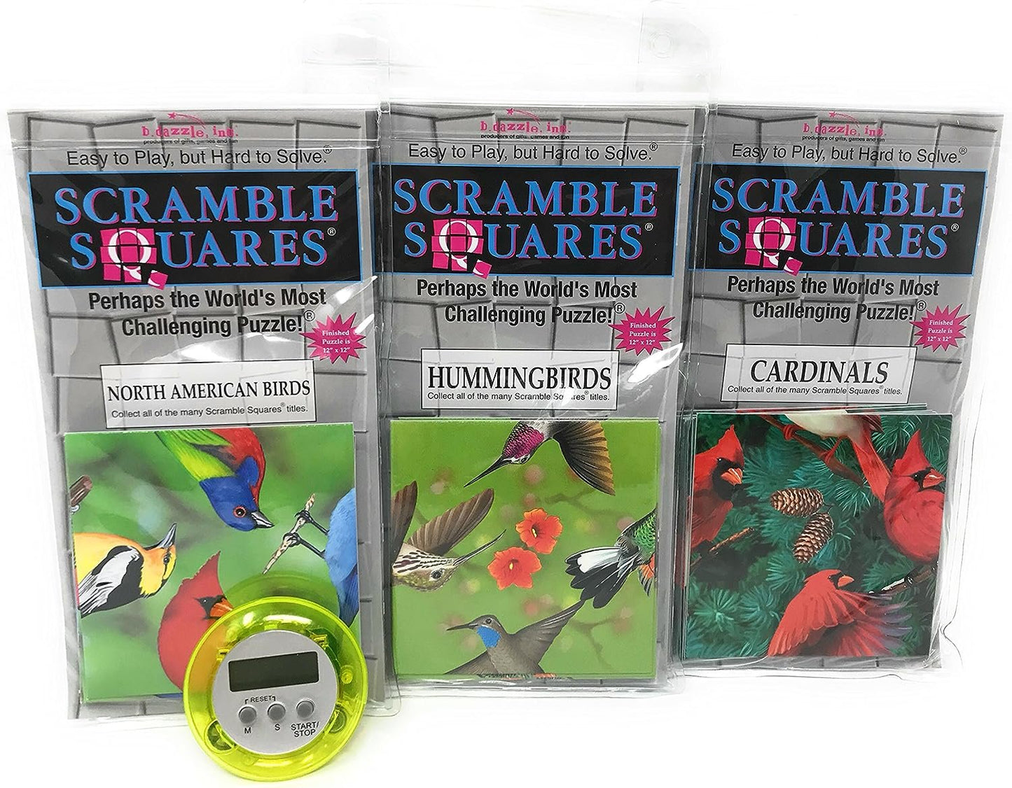 Bundle of Scramble Squares B Dazzle Birds Puzzles for Adults/Teens/Kids - 3 Puzzles Included - North American Birds, Hummingbirds and Cardinals with Exclusive Digital Timer