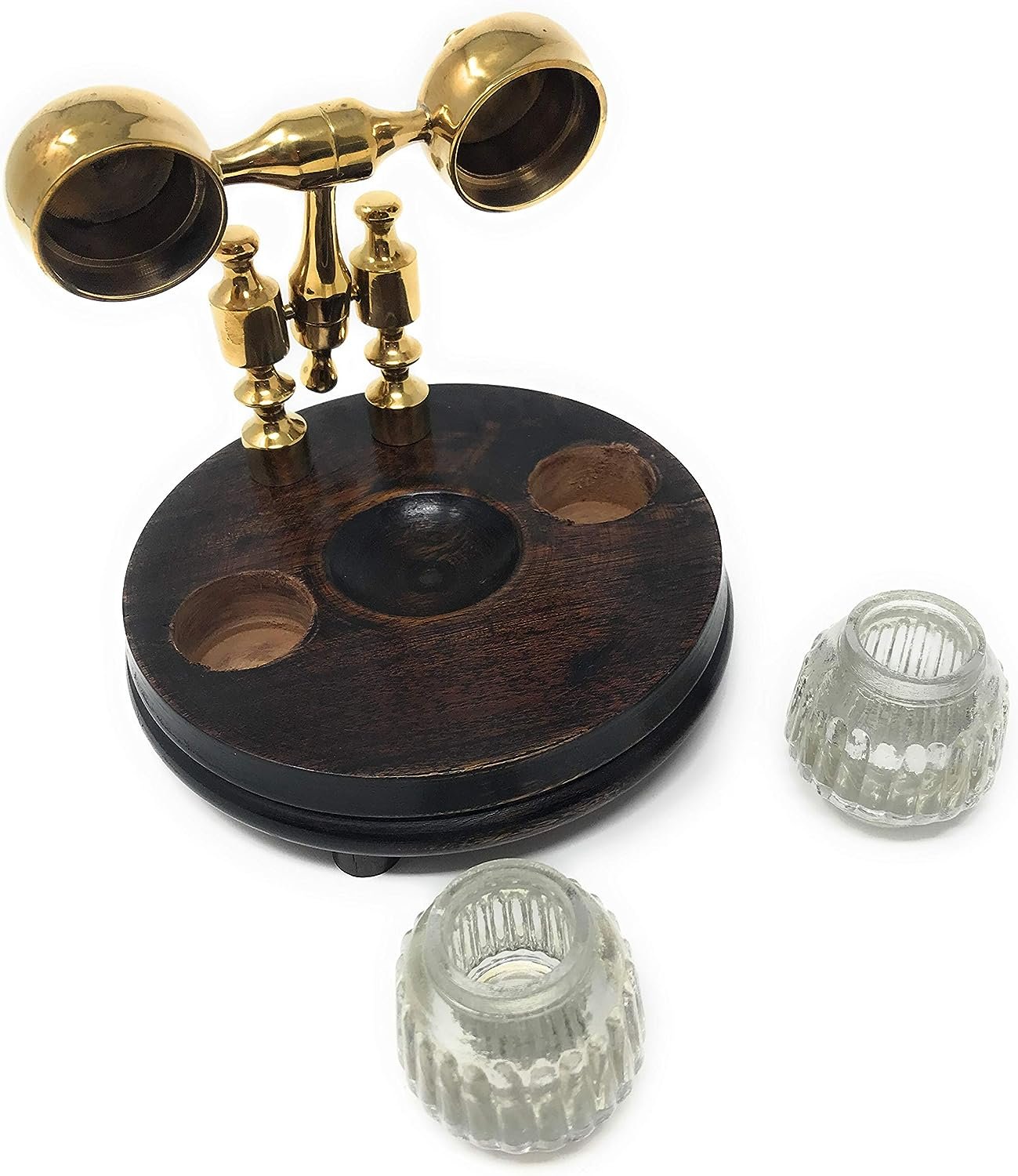 Madison Bay Co Double Clear Ribbed Inkwells with Wood and Brass Stand, Vintage R