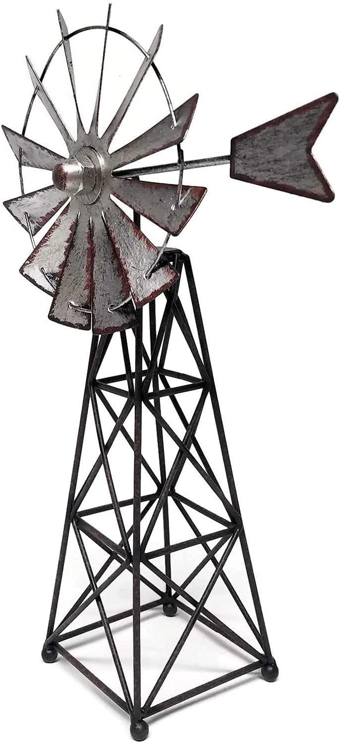 SLIFKA Farmhouse Decor Windmill Figurine, 12-inches, Silver, Rust