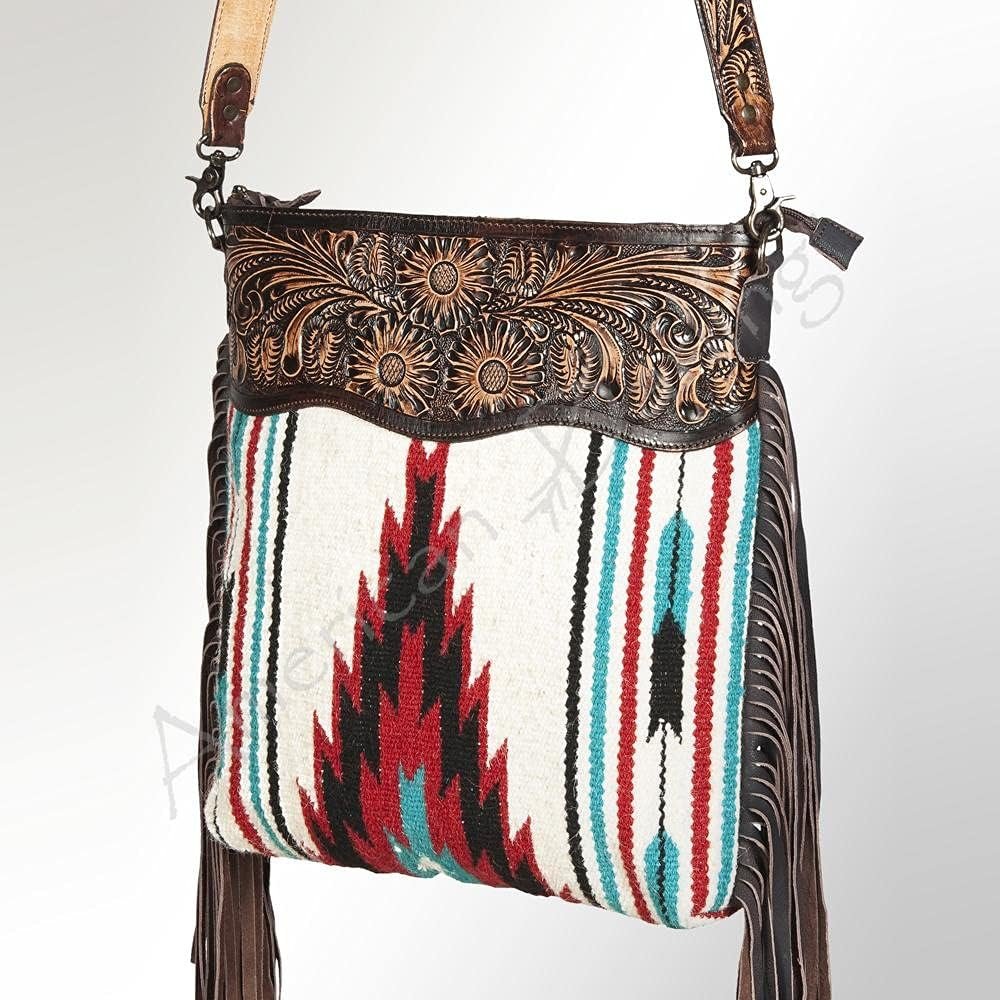American Darling Cross Body Vintage Bag Large Leather Fringe Crossbody Purse Western Handbags Quilted Saddle Blanket Cowhide Stylish Handmade Shoulder Handbag Hand Carved Strap (ADBGZ104), White