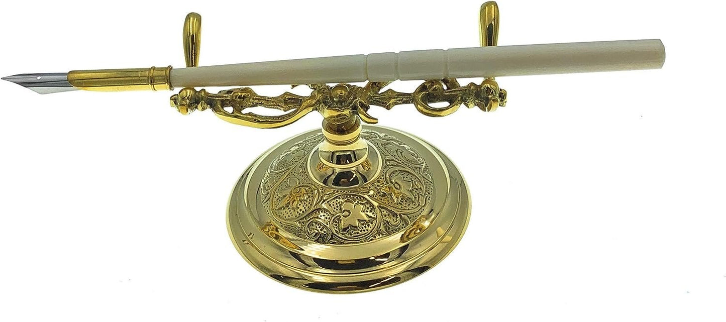 Madison Bay Company Desktop Writers Bundle - 1 Ornate Brass Pen Holder - 1 Bone Dip Pen - 1 Red Inkwell - 1 Wooden Ink Blotter