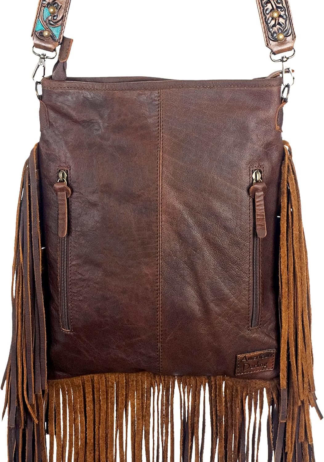 American Darling Tooled Painted Crossbody Purse Brown 15.16in x 13.19in x 2.56in