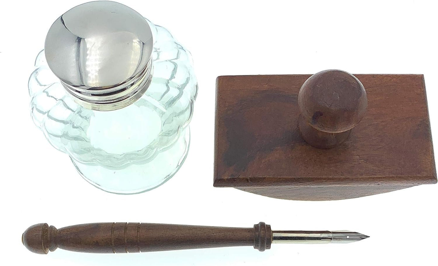 Madison Bay Company Writers Desktop Bundle - 1 Clear Round Pedestal Inkwell - 1 Wooden Dip Pen - 1 Wooden Ink Blotter