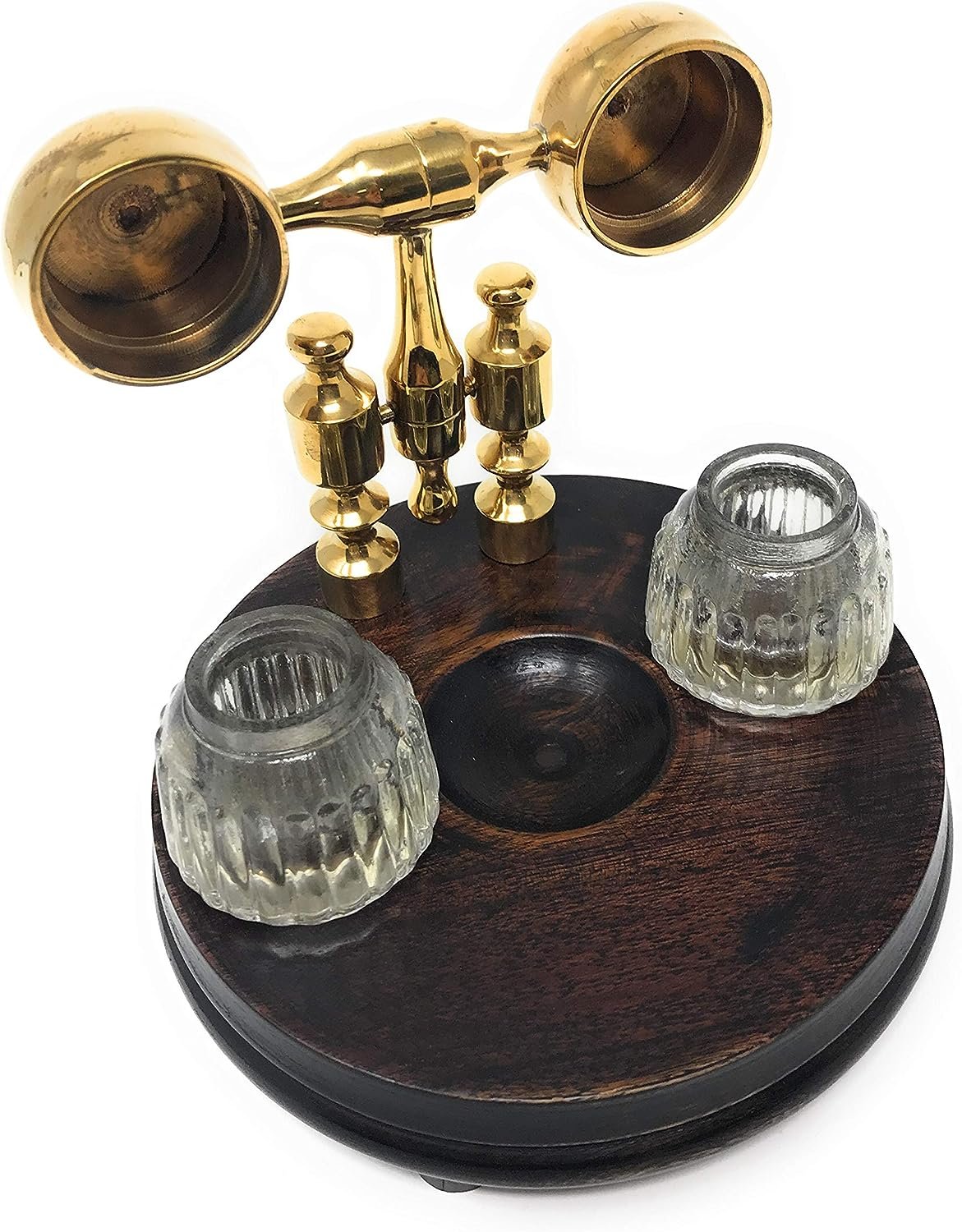 Madison Bay Co Double Clear Ribbed Inkwells with Wood and Brass Stand, Vintage R