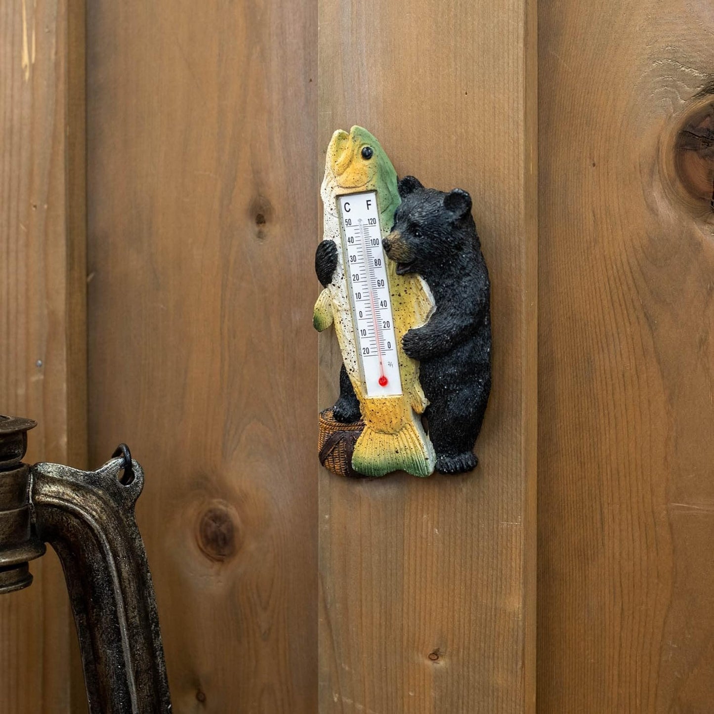 Slifka Sales Co. Chubby Black Bear Holding Fish 6.25 x 3 Resin Indoor or Outdoor Hanging Wall Thermometer, Multi (X2670)