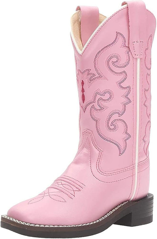 OLD WEST Girl's Square Toe Synthetic Leather Stitched Western Boots