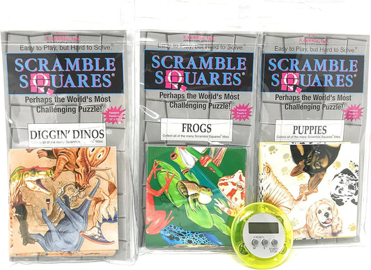 Bundle of Scramble Squares B Dazzle Brain Teaser Puzzles for Adults/Teens/Kids - 3 Puzzles Included - Frogs, Puppies and Digging Dinos with A Bonus Digital Timer