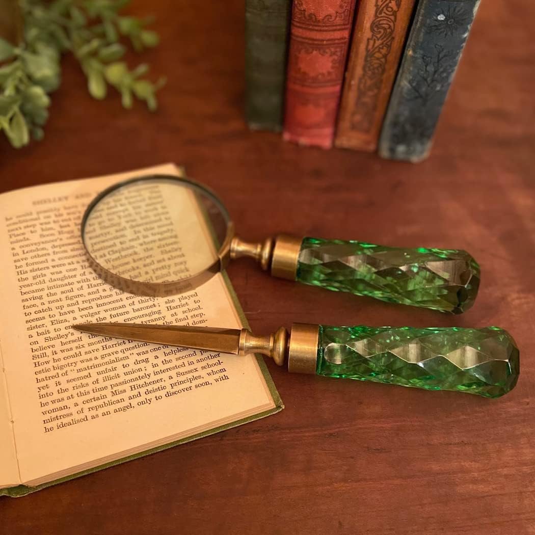 Schooner Bay Co. Antiqued Brass and Green Glass Decorative Magnifier & Letter Opener Set for Desk Office Den