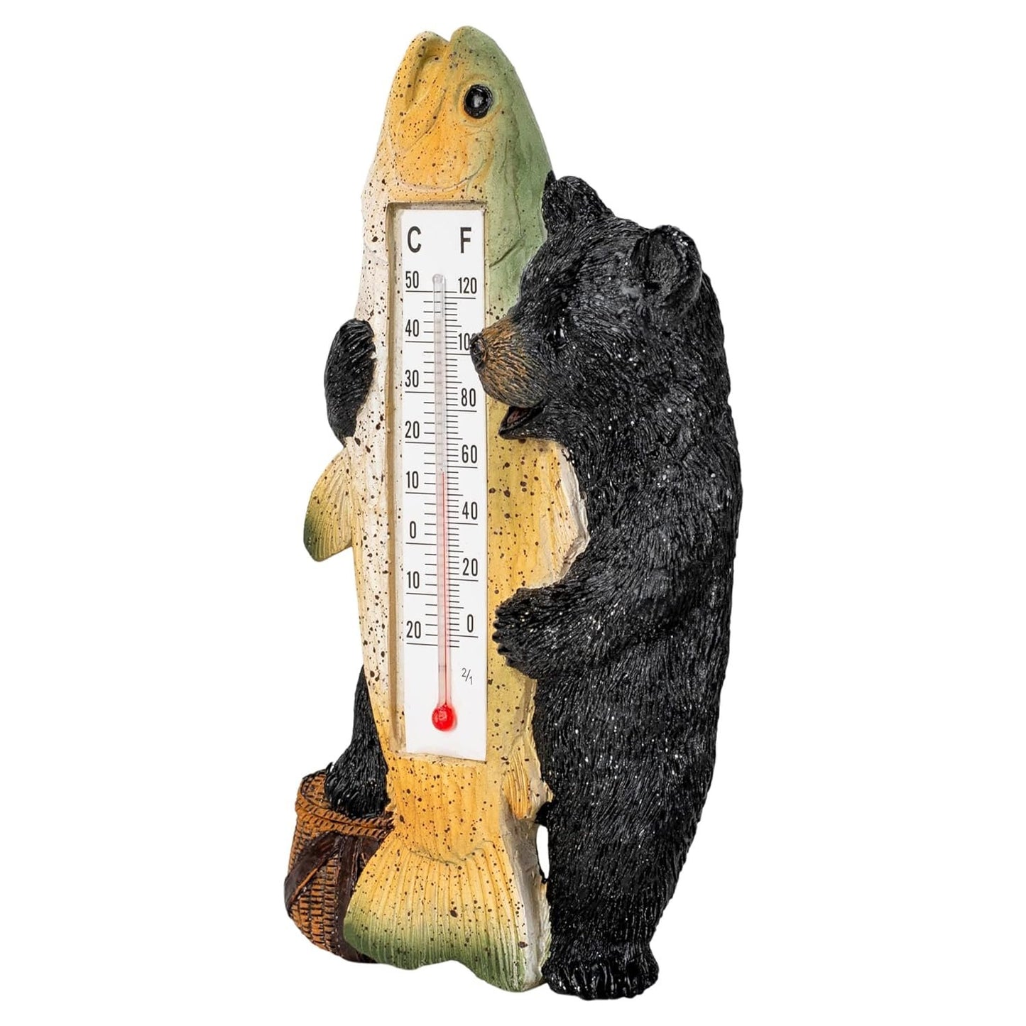 Slifka Sales Co. Chubby Black Bear Holding Fish 6.25 x 3 Resin Indoor or Outdoor Hanging Wall Thermometer, Multi (X2670)