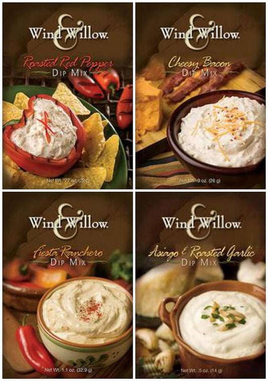 Wind & Willow Dip Mix 4 Flavor Variety Bundle: Cheesy Bacon, Roasted Red Pepper, Asagio and Roasted Garlic, and Fiesta Ranchero (4 Packs Total)