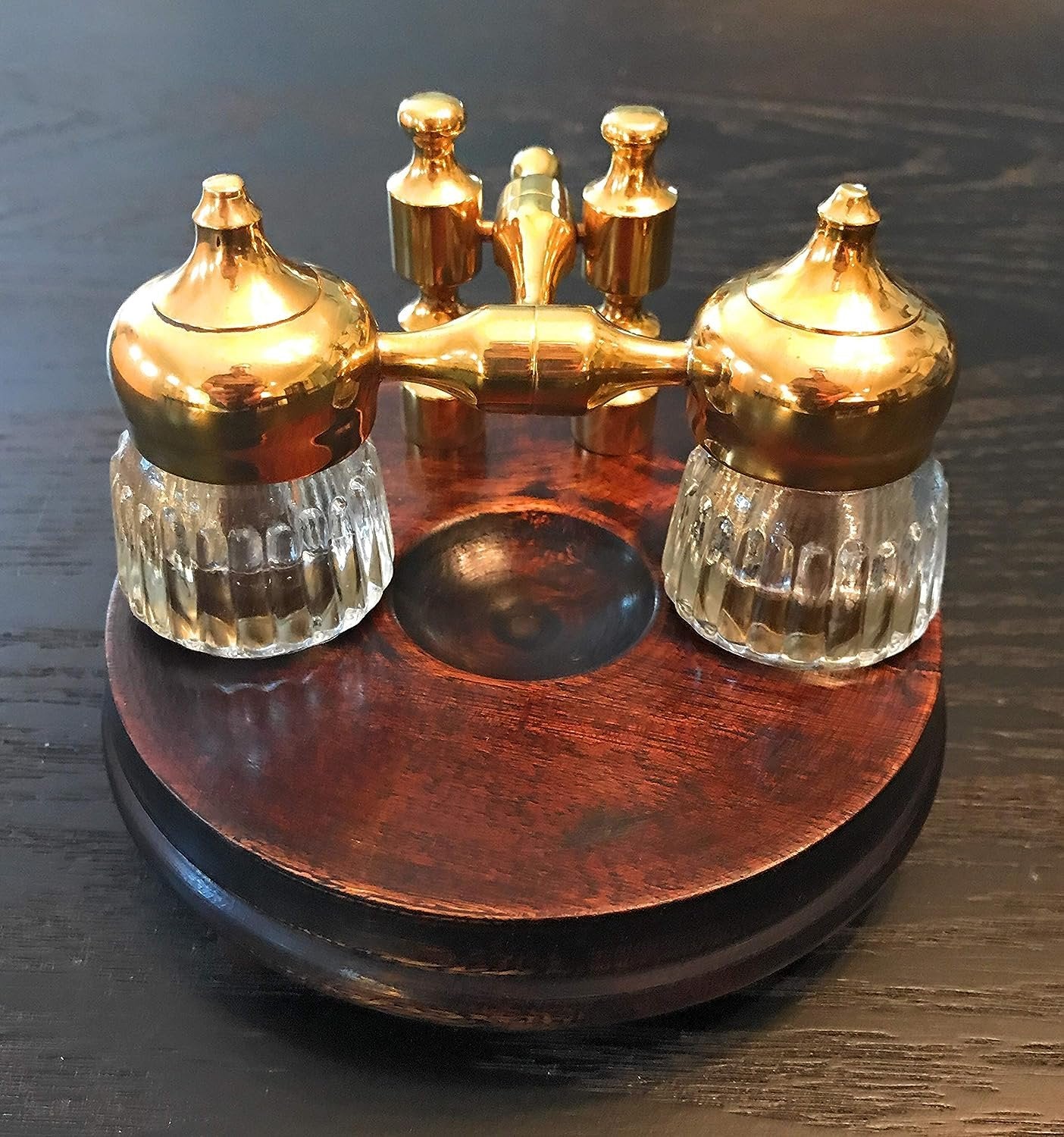 Madison Bay Co Double Clear Ribbed Inkwells with Wood and Brass Stand, Vintage R