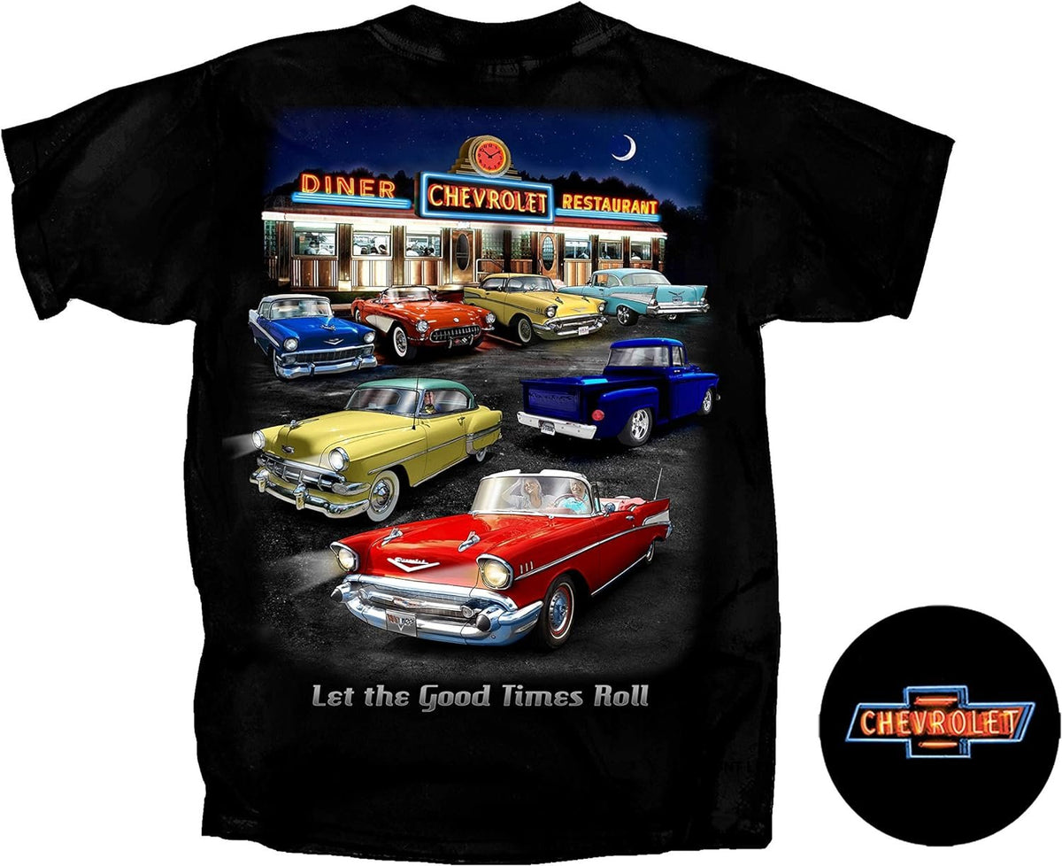 Joe Blow T's Chevrolet Night Time Vintage Retro Diner Scene Good Times Roll Cotton Preshrunk T-Shirt - Black