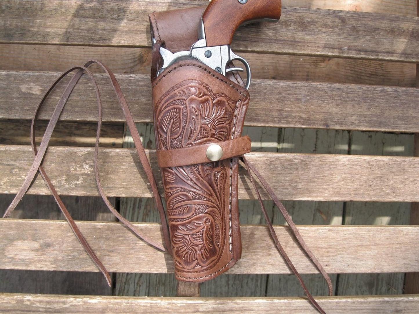 Western Express – Left Handed – 6” Brown Tooled Leather Gun Holster (.22 .38 .45 Caliber)