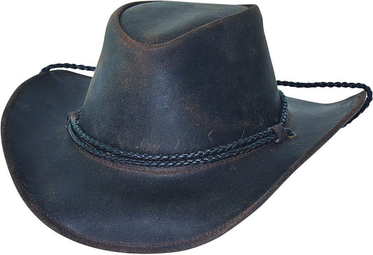 BULLHIDE Leather Collection Men's Hilltop Genuine Leather Aussie Style Cowboy Hat with 3" Brim