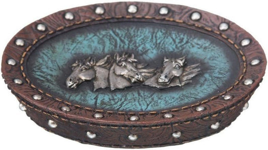 Tough-1 Western Soap Dish Horse Head Leather Look Blue Brown 87-2185