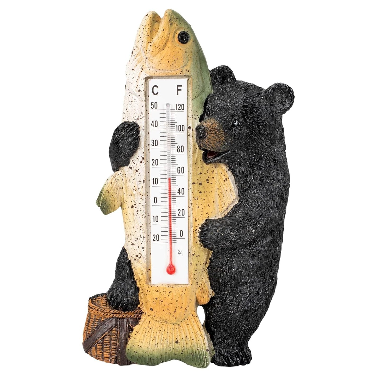 Slifka Sales Co. Chubby Black Bear Holding Fish 6.25 x 3 Resin Indoor or Outdoor Hanging Wall Thermometer, Multi (X2670)