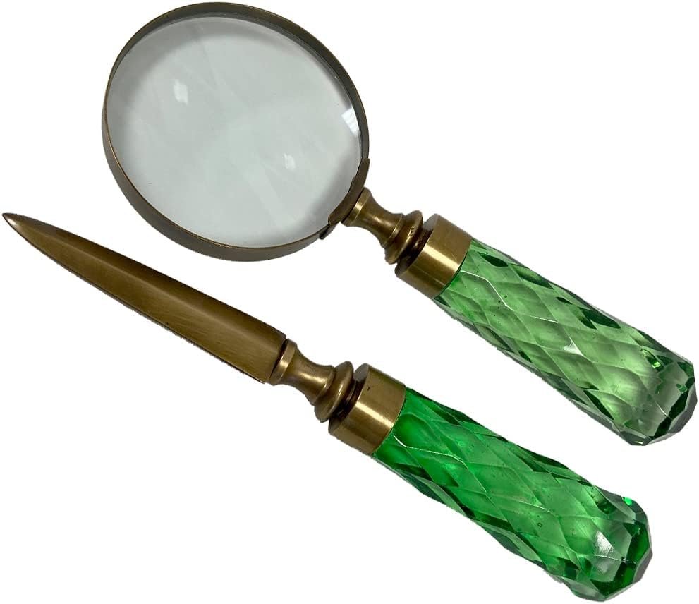 Schooner Bay Co. Antiqued Brass and Green Glass Decorative Magnifier & Letter Opener Set for Desk Office Den