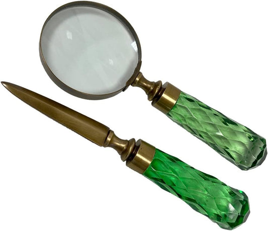 Schooner Bay Co. Antiqued Brass and Green Glass Decorative Magnifier & Letter Opener Set for Desk Office Den