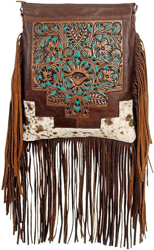 American Darling Tooled Painted Crossbody Purse Brown 15.16in x 13.19in x 2.56in
