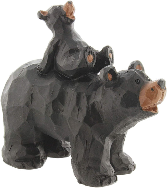 SLIFKA Resin Piggy Back Bear Cub Figurine Hand-Carved Wood Look