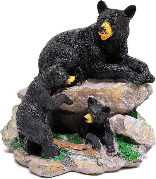 Mother Bear & 2 Cubs on Rock Decorative Figurine, 4.5-inches, Black