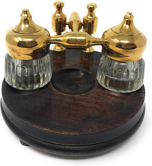 Madison Bay Co Double Clear Ribbed Inkwells with Wood and Brass Stand, Vintage R