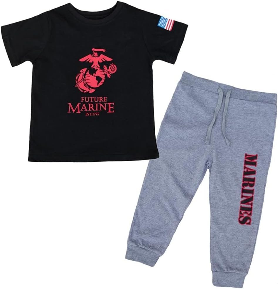 Baby Trooper Toddler Boys 2 Piece Outfit - USMC Short Sleeve Shirt & Joggers Set