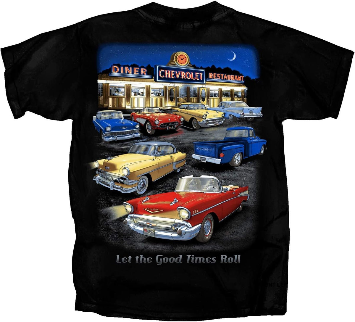 Joe Blow T's Chevrolet Night Time Vintage Retro Diner Scene Good Times Roll Cotton Preshrunk T-Shirt - Black