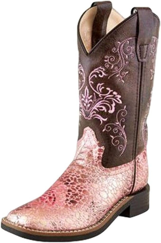 Old West Antique Pink/Crackle Children Girls Faux Leather Cowboy Boots