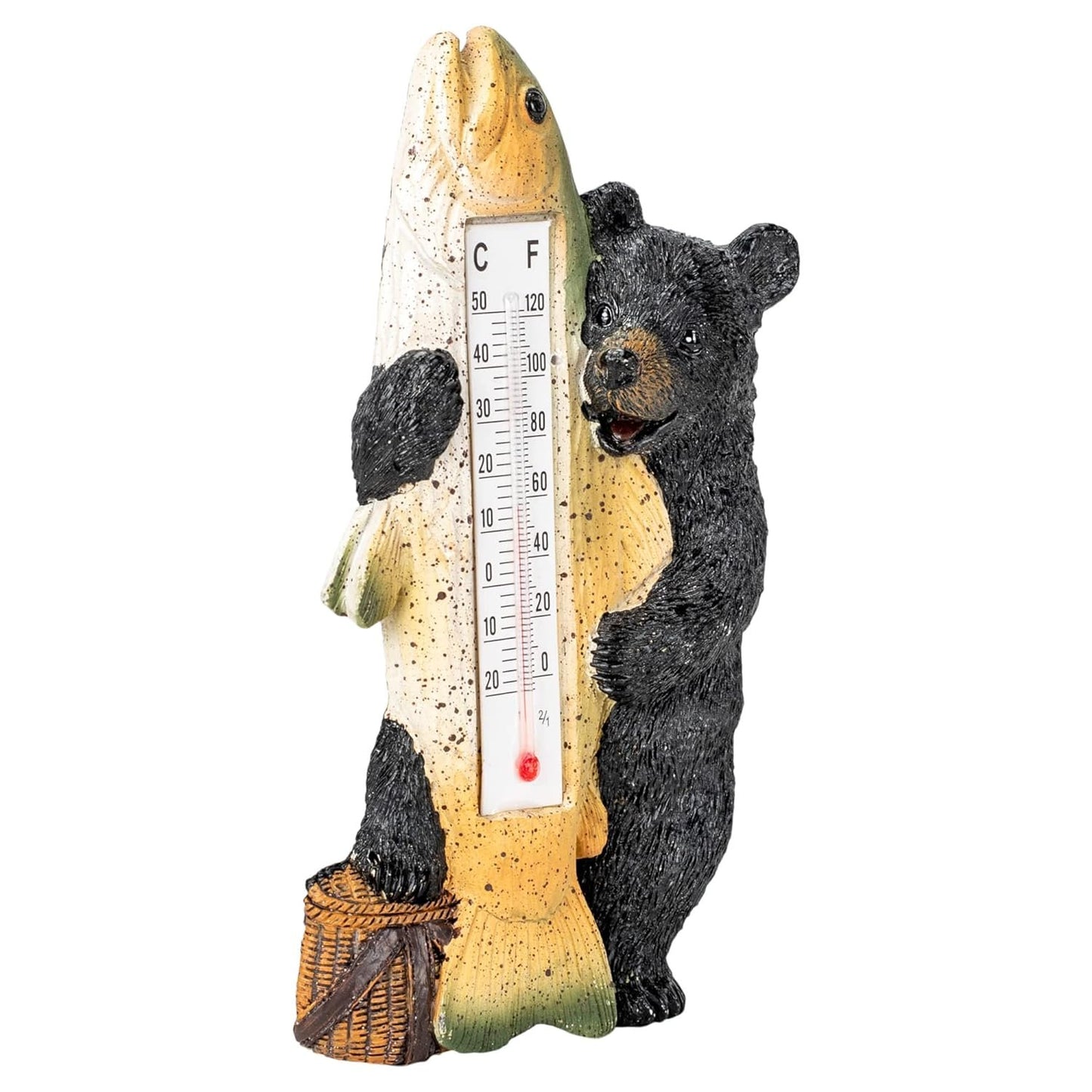 Slifka Sales Co. Chubby Black Bear Holding Fish 6.25 x 3 Resin Indoor or Outdoor Hanging Wall Thermometer, Multi (X2670)