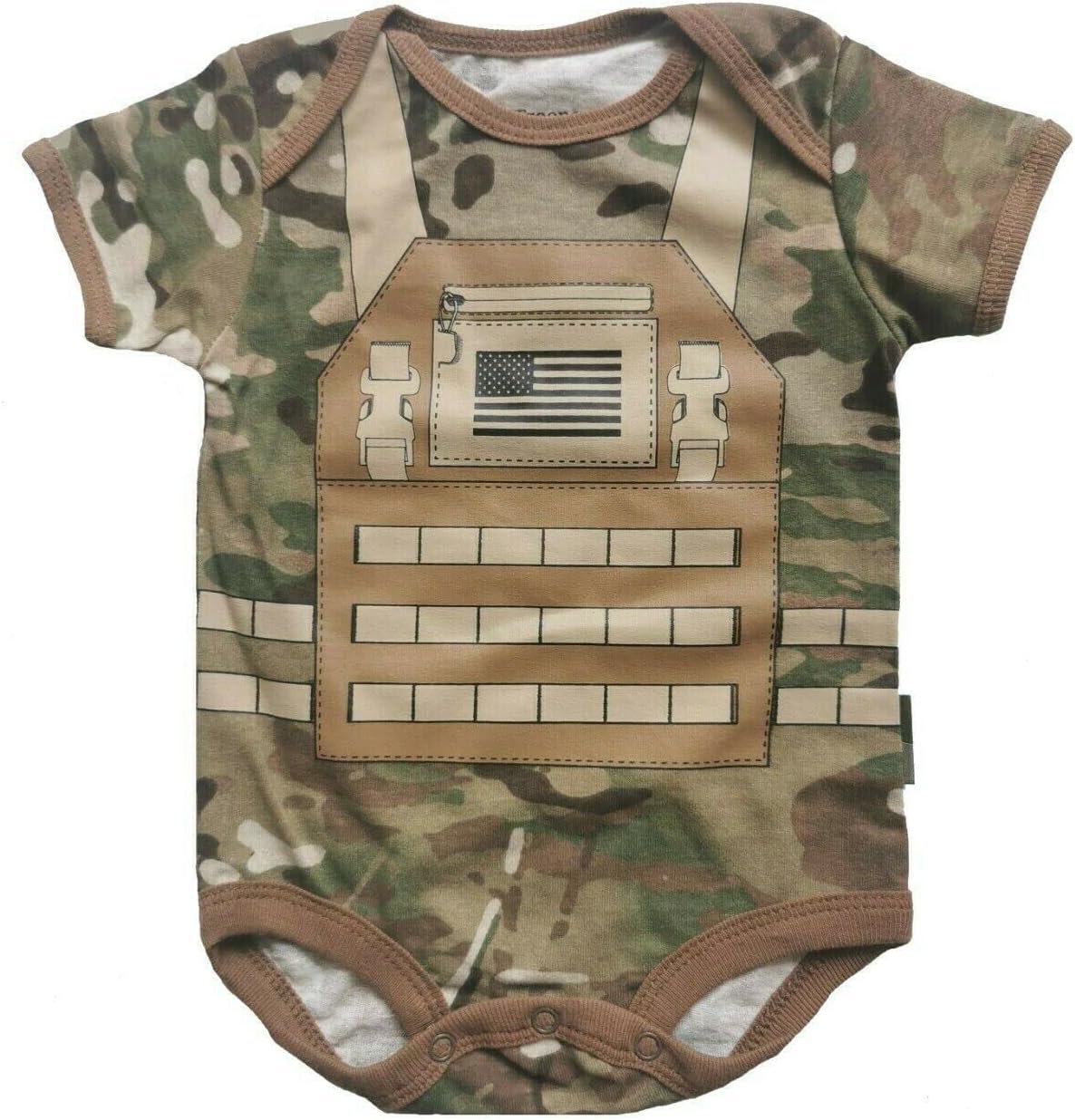 Future Soldier Flak Jacket Bodysuit - Multicam Camo Short Sleeve Baby Outfit for Army or Air Force Enthusiasts
