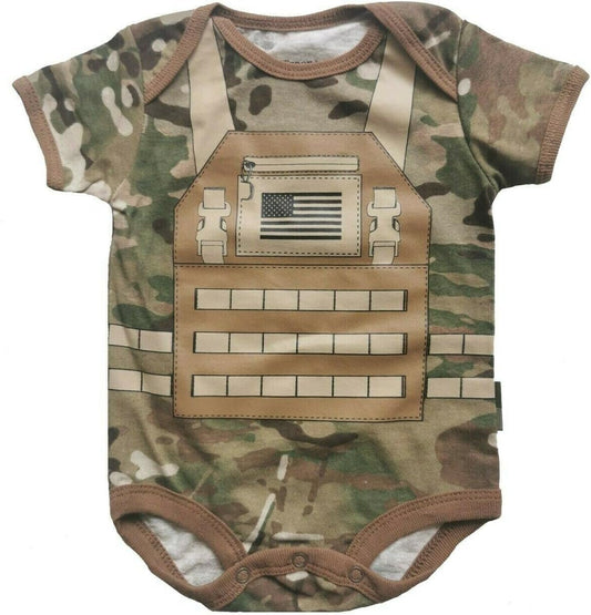 Future Soldier Flak Jacket Bodysuit - Multicam Camo Short Sleeve Baby Outfit for Army or Air Force Enthusiasts