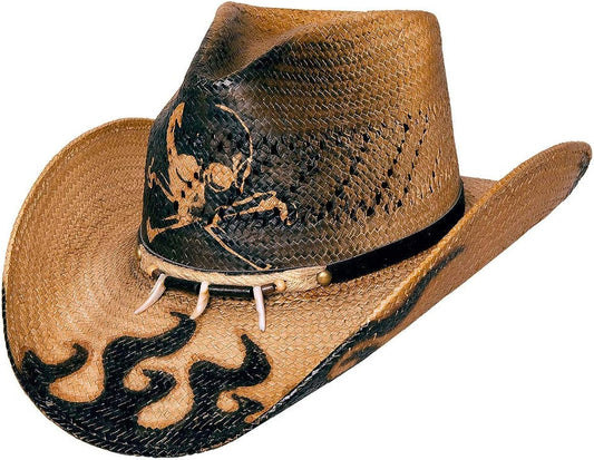 BULLHIDE Straw Collection Men's Dangerous Toyo Straw Cowboy Hat With Painted Skull And Flames, 3 1/2" Brim